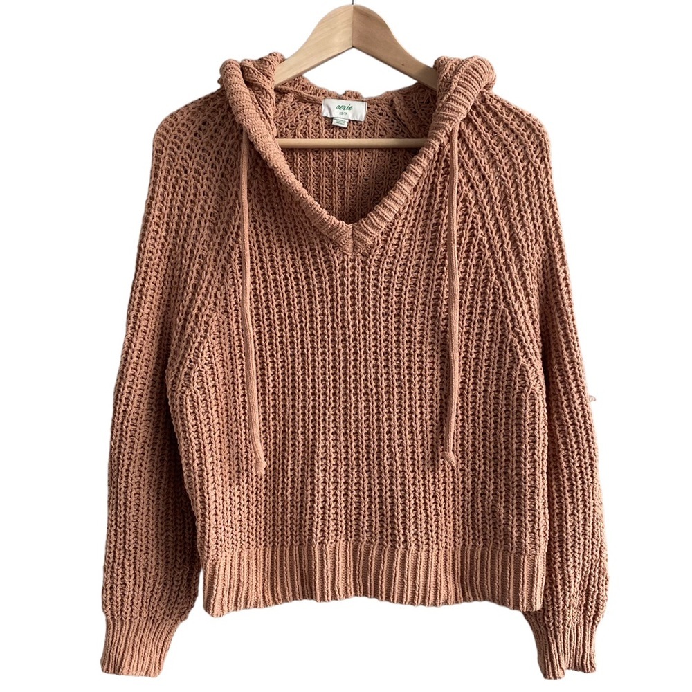 AERIE oversized cropped chunky knit sweater with hood light brown Size XS